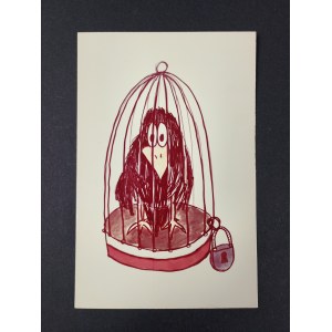 Carte postale, corbeau en cage