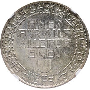 Switzerland - Lucerne - 5 Francs 1939, Shooting Thaler - Lucerne, Federal Shooting Festival - NGC MS 64 - Switzerland, 5 Francs Swiss Shooting Thaler