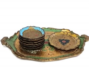 Decorative vintage wooden set in oriental/florentine style - tray and saucers