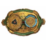 Ozdobny, drewniany komplet vintage w stylu orientalny/florenckim - taca i podstawki