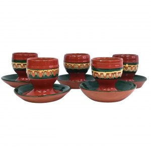 Set of vintage ceramic egg glasses, Peacock Eye model from Trojan, Bulgaria