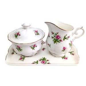Decorative porcelain set: tray, sugar bowl and Royal Canterbury creamer, model Spring Flower (Pink)
