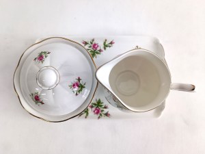 Decorative porcelain set: tray, sugar bowl and Royal Canterbury creamer, model Spring Flower (Pink)