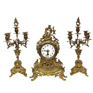 Fireplace suit: clock and two candlesticks in Louis XV / Rococo style