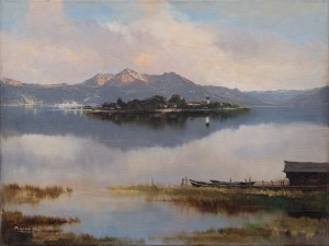 Arno Lemke, Mountain landscape with lake and boats, circa 1960.
