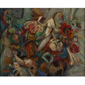 Ludwik Klimek (1912 Skoczów - 1992 Francja), Martwa natura kwiatowa i profil kobiety (Fleurs du midi), 1965