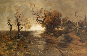 Yuliy Klever (1850 - 1924 ), Autumn landscape with a cottage by the road, 1895