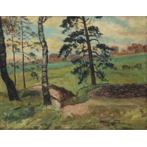 Piotr Paweł Kowalewicz (1894 Łapy k. Białegostoku - 1952 Katowice), Pejzaż z pastwiskiem i zabudowaniami