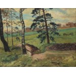 Piotr Paweł Kowalewicz (1894 Łapy k. Białegostoku - 1952 Katowice), Pejzaż z pastwiskiem i zabudowaniami