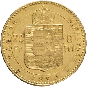 Austria Hungary FRANZ JOSEPH I. 1848-1916 8 Forint/20 Francs 1890 KB FIUME, Kremnica KM#477, ÉH#1454 Au.900 6,45g 21mm