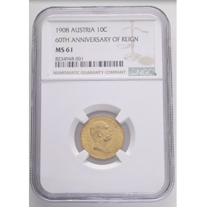 Austria Hungary FRANZ JOSEPH I. 1848-1916 10 Corona 1908 Reign 60th years on the throne Vienna KM#2810 Au.900 3,39g 19mm NGC 8234948-001