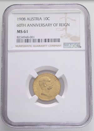 Austria Hungary FRANZ JOSEPH I. 1848-1916 10 Corona 1908 Reign 60th years on the throne Vienna KM#2810 Au.900 3,39g 19mm NGC 8234948-001