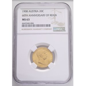 Austria Hungary FRANZ JOSEPH I. 1848-1916 20 Corona 1908 Reign 60th years on the throne, Vienna KM#2811 Au.900 6,78g 21mm NGC 6643340-006