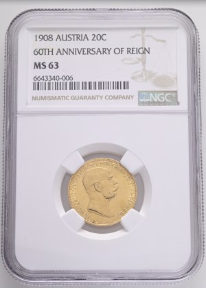 Austria Hungary FRANZ JOSEPH I. 1848-1916 20 Corona 1908 Reign 60th years on the throne, Vienna KM#2811 Au.900 6,78g 21mm NGC 6643340-006
