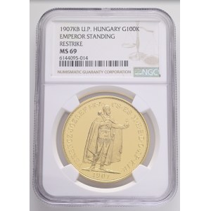 Hungary Budapest 100 Corona 1907 KB U.P. bp Standing Emporer Restrike KM#491, Au.900 33,88g 37mm NGC 6144095-014