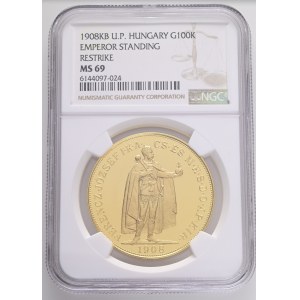 Hungary Budapest 100 Corona 1908 KB U.P. bp Standing Emporer Restrike KM#491, Au.900 33,88g 37mm NGC 6144097-024