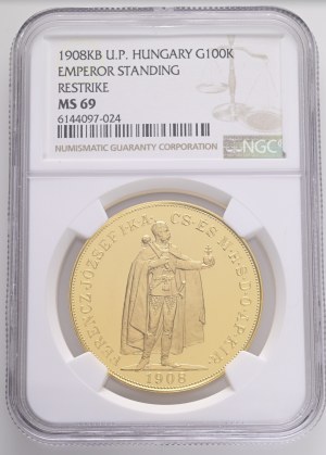 Hungary Budapest 100 Corona 1908 KB U.P. bp Standing Emporer Restrike KM#491, Au.900 33,88g 37mm NGC 6144097-024