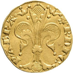 France ORANGE , RAYMOND V. of Baux-Orange 1340-1393, 1 Gold Guilder ND 1340-1393, PA# 4521, Boudeau# 983, Dy féodales# 2072, Fr# 189, Dh Orange# 32 Au. 3,44g 20mm R!!!