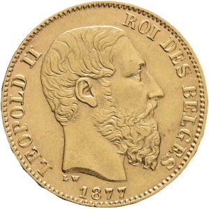 Belgium LEOPOLD II. 1865-1909, 20 Francs 1877 Brussels, Type 4, KM#37, Au.900 6,44g 21mm