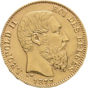 Belgium LEOPOLD II. 1865-1909, 20 Francs 1877 Brussels, Type 4, KM#37, Au.900 6,44g 21mm