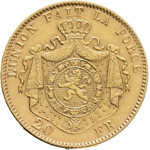 Belgium LEOPOLD II. 1865-1909, 20 Francs 1877 Brussels, Type 4, KM#37, Au.900 6,44g 21mm