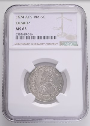 CHARLES II. LIECHTENSTEIN-KASTELKORN 1664-1695 6 Kreuzers 1674 Olmutz KM#236.2 Ag. 3,5g 26,4mm NGC 6384619-016