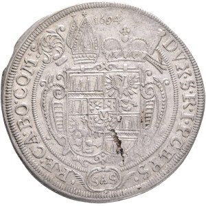 CHARLES II. LICHTENSTEIN-KASTELKORN 1664-1694, 15 Kreutzer 1694 SAS, var. KM#231.7 Olomouc Archbishopric, mint Kroměříž, Ag. 5,81g 30mm, RR! , planchet defect