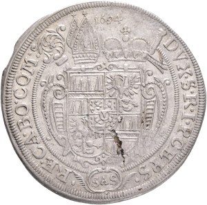 CHARLES II. LICHTENSTEIN-KASTELKORN 1664-1694, 15 Kreutzer 1694 SAS, var. KM#231.7 Olomouc Archbishopric, mint Kroměříž, Ag. 5,81g 30mm, RR! , planchet defect