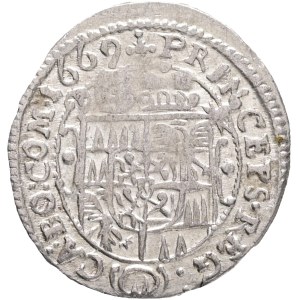 CHARLES II. LIECHTENSTEIN-KASTELKORN 1664-1695, 3 Kreuzers 1669 Vyškov !!, KM#65.2,227 Ag. 1,64g 21mm, R!!!