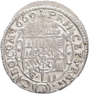CHARLES II. LIECHTENSTEIN-KASTELKORN 1664-1695, 3 Kreuzers 1669 Vyškov !!!, KM#65.2,227 Ag. 1,64g 21mm, R!!!