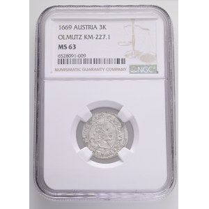 CHARLES II. LIECHTENSTEIN-KASTELKORN 1664-1695 3 Kreuzers 1669 Olmutz KM#227.1 Ag. 1,6g 21mm NGC 6528091-009