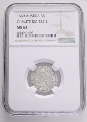CHARLES II. LIECHTENSTEIN-KASTELKORN 1664-1695 3 Kreuzers 1669 Olmutz KM#227.1 Ag. 1,6g 21mm NGC 6528091-009
