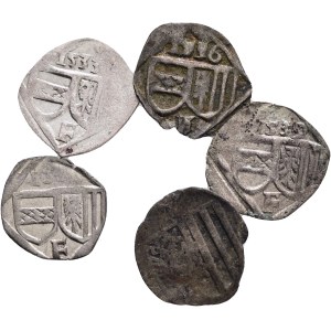 FERDINAND I. 1519-1564 Lot 5 coins 1 Pfennig F 1533,6,9,?,? , Linz, Markl# 557, Schult# 4162, 4167, Billon 0,4g 14mm