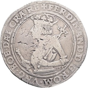 FERDINAND I. 1519-1564 1 Thaler 1538(9), Linz, Ag. 28,26g, rare variant figure left, double inner surrond without leaves, avers :+ FERDINAND.G.ROM.VNG.BOE.DAL.CRA.RE revers:+INF.HISPA.ARCHIDVX.AVSTRIE.DVX.BVRGV.