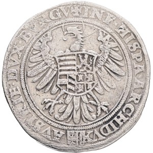 FERDINAND I. 1519-1564 1 Thaler 1538(9), Linz, Ag. 28,26g, rare variant figure left, double inner surrond without leaves, avers :+ FERDINAND.G.ROM.VNG.BOE.DAL.CRA.RE revers:+INF.HISPA.ARCHIDVX.AVSTRIE.DVX.BVRGV.