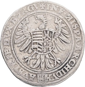 FERDINAND I. 1519-1564 1 Thaler 1538(9), Linz, Ag. 28,26g, rare variant figure left, double inner surrond without leaves, avers :+ FERDINAND.G.ROM.VNG.BOE.DAL.CRA.RE revers:+INF.HISPA.ARCHIDVX.AVSTRIE.DVX.BVRGV.