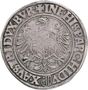 FERDINAND I. 1519-1564 1 Thaler, ND, Linz, Ag. 28,36 40mm, Markl#320-365, R!, variant hilt to lower D, avers: a cross above the crown , + FERDINAND.D.G.ROM.VNG.BOE.DAL.CROETC.RE reverse:+INF.HISPA.ARCHIDV X.AVSTRIE.DVX.BVR VF