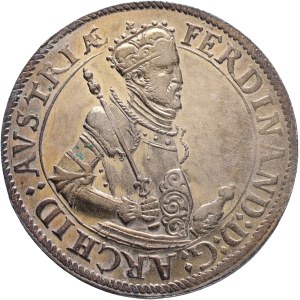 FERDINAND II. 1564-1595 1 Thaler Hall Tyrol , ref. As MT#273,Dav EC I#8097 but without point at the head, Silver Ag. 28,57g 40mm