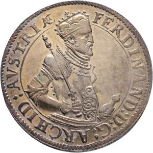 FERDINAND II. 1564-1595 1 Thaler Hall Tyrol , ref. As MT#273,Dav EC I#8097 but without point at the head, Silver Ag. 28,57g 40mm