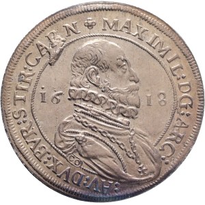MAXIMILIAN III. 1602-1618 1 Thaler 1618 Hall Tyrol, Silver Ag.875 28,61g 42mm ref. As KM#227.1, Dav EC II#3324 with mintmark bloom, rainbow patina