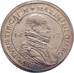 MAXIMILIAN III. 1602-1618 1 Thaler 1618 Hall Tyrol, Silver Ag.875 28,61g 42mm ref. As KM#227.1, Dav EC II#3324 with mintmark bloom, rainbow patina