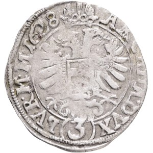 FERDINAND II. 1619-1637 3 Kreuzers 1628 Kuttenberg (Kutná Hora) mincmistr Hölzl Silver Ag. 1,63g 21mm , MKČ#809, R!!