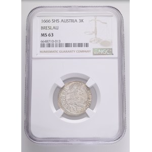 LEOPOLD I. 1657-1705 3 Kreuzers 1666 SHS Breslau (Wroclaw) KM#471, Ag. 1,6g 21,2mm NGC 6648710-013