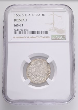 LEOPOLD I. 1657-1705 3 Kreuzers 1666 SHS Breslau (Wroclaw) KM#471, Ag. 1,6g 21,2mm NGC 6648710-013