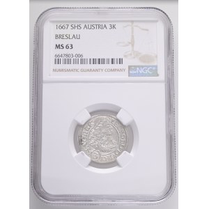 LEOPOLD I. 1657-1705 3 Kreuzers 1667 SHS Breslau (Wroclaw) KM#471, Ag. 1,6g 21,2mm NGC 6647803-006