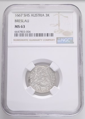 LEOPOLD I. 1657-1705 3 Kreuzers 1667 SHS Breslau (Wroclaw) KM#471, Ag. 1,6g 21,2mm NGC 6647803-006