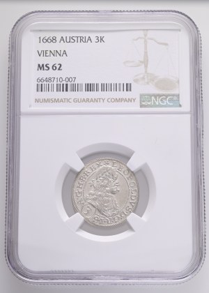 LEOPOLD I. 1657-1705 3 Kreuzers 1668 Vienna KM#1169 Ag. 1,77g 22mm NGC 6648710-007