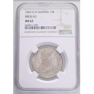 LEOPOLD I. 1657-1705 XV. Kreuzers 1662 G-H Breslau (Wroclaw), mintmaster Georg A. Hübner, KM#414, Ag. 5,8g 29mm NGC 6648711-009