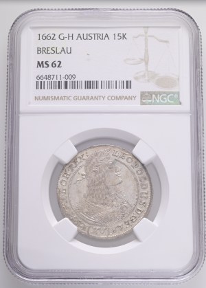 LEOPOLD I. 1657-1705 XV. Kreuzers 1662 G-H Breslau (Wroclaw), mintmaster Georg A. Hübner, KM#414, Ag. 5,8g 29mm NGC 6648711-009