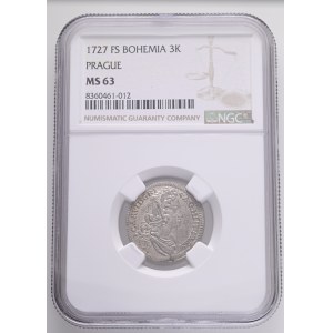 CHARLES VI. 1711-1740 3 Kreuzers 1727 FS Prague KM#709, Ag. 1,5g 22mm NGC 8360461-012